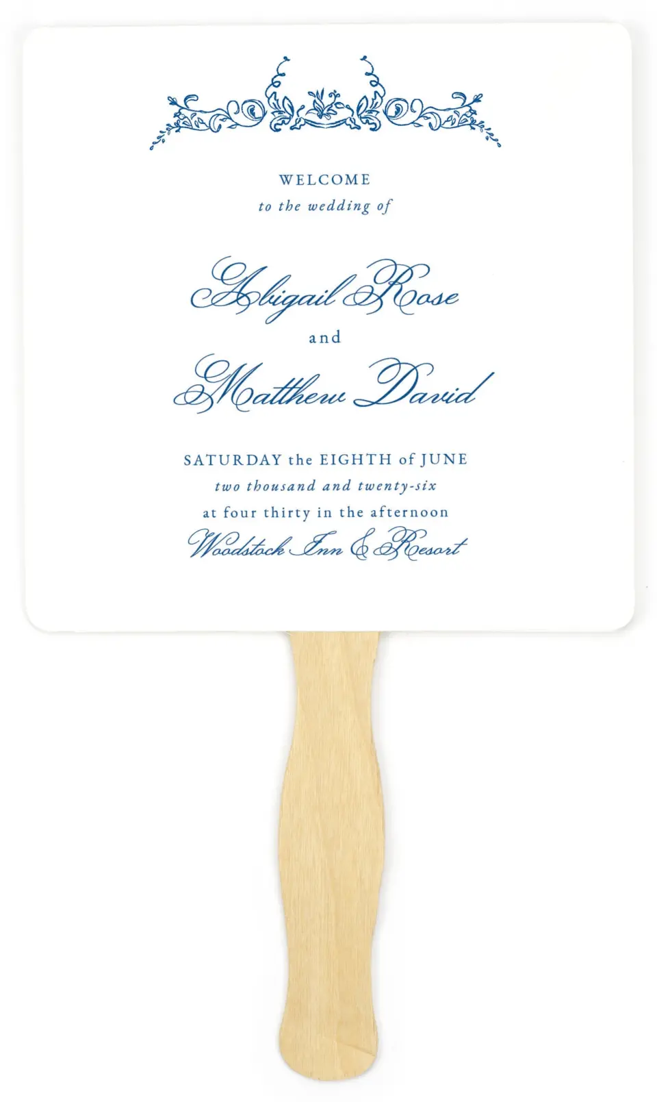 This is a 6¼" x 6¼" Wedding Program Fan called Ornamental Elegance printed in full color on Premium Smooth paper