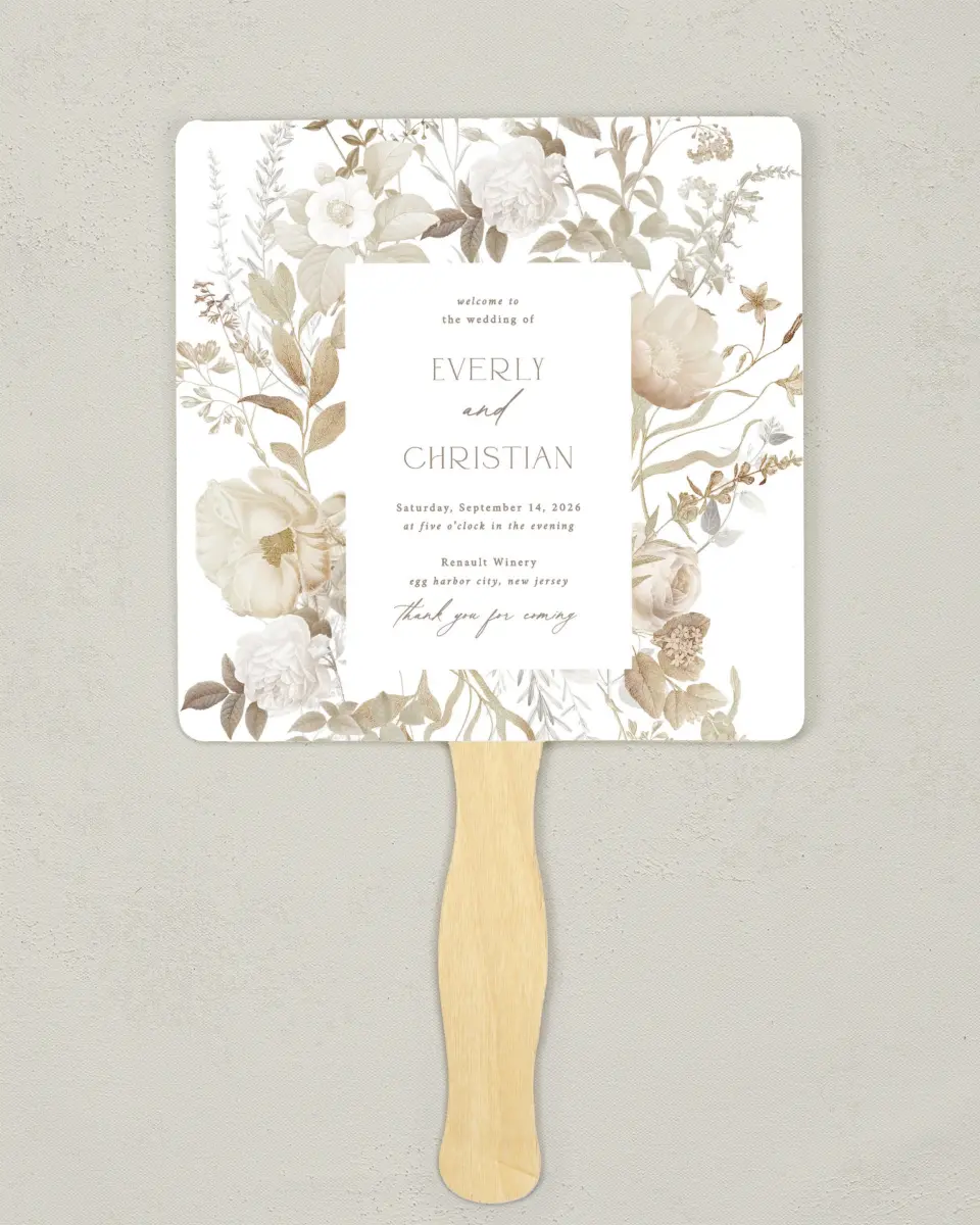 This is a 6¼" x 6¼" Wedding Program Fan called The Everly printed in full color on Premium Smooth paper