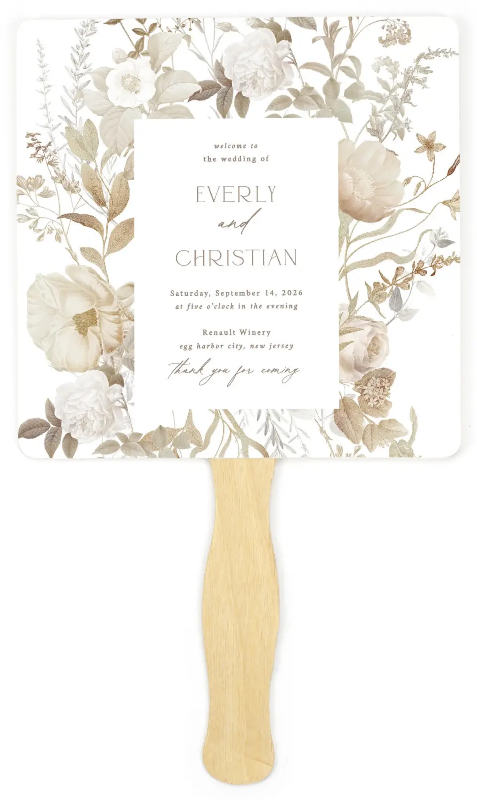 This is a 6¼" x 6¼" Wedding Program Fan called The Everly printed in full color on Premium Smooth paper