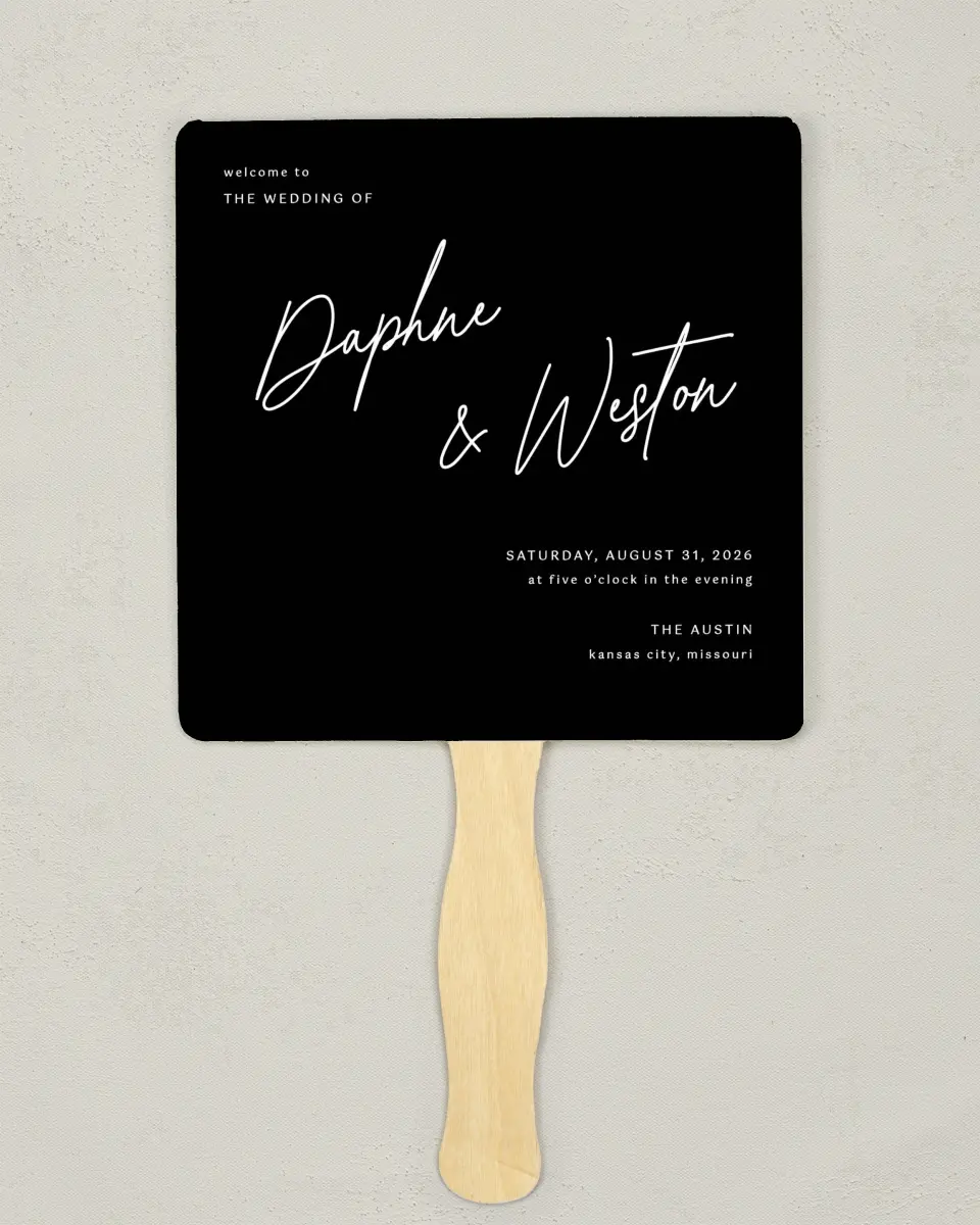 This is a 6¼" x 6¼" Wedding Program Fan called Scripted Love printed in full color on Premium Smooth paper