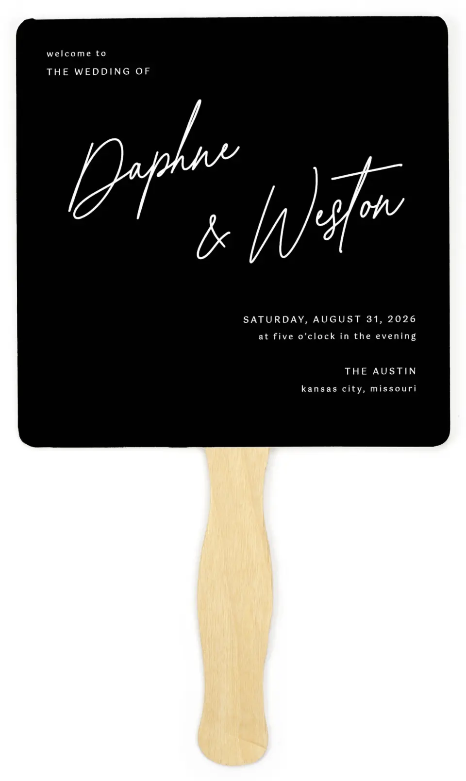 This is a 6¼" x 6¼" Wedding Program Fan called Scripted Love printed in full color on Premium Smooth paper