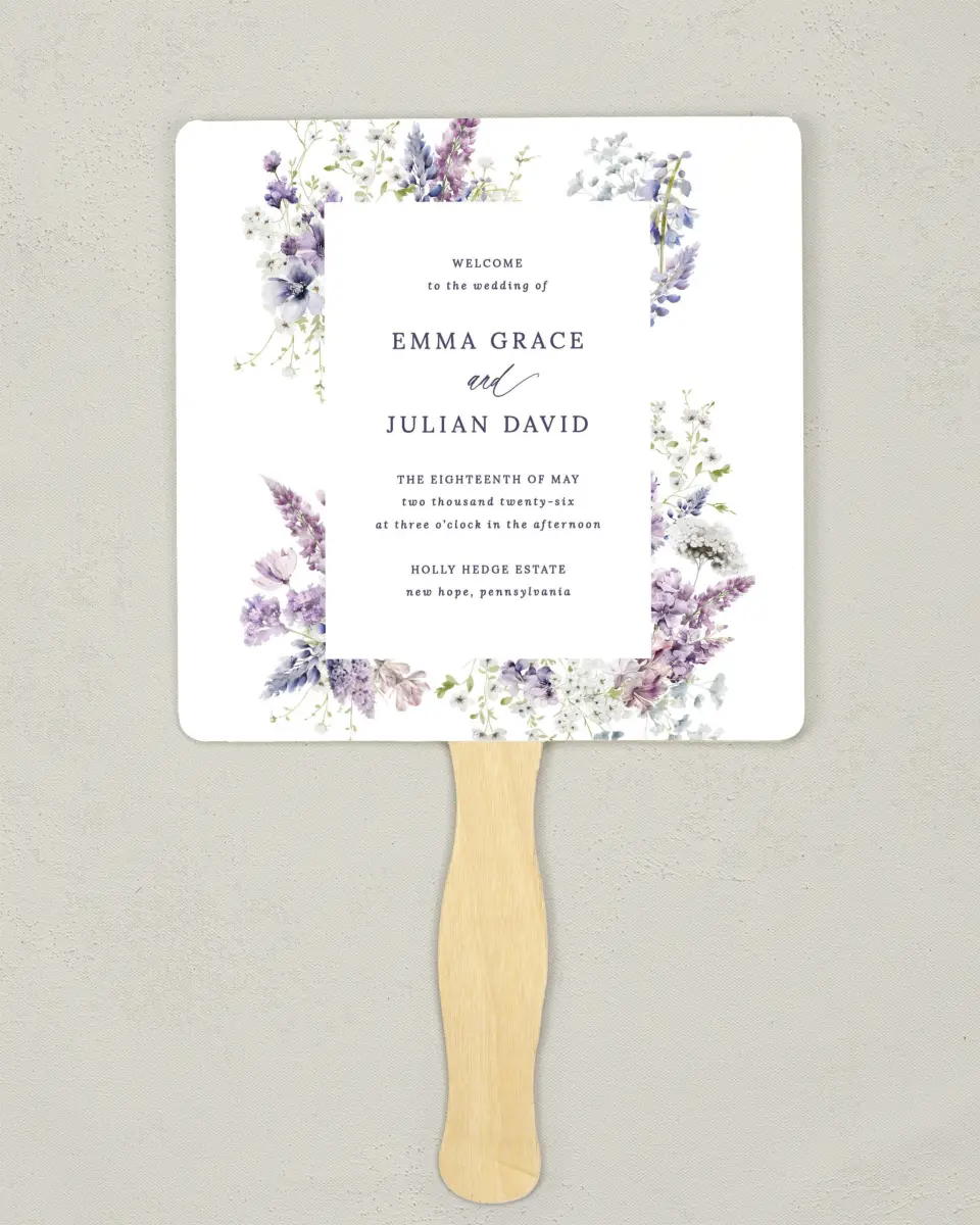 This is a 6¼" x 6¼" Wedding Program Fan called Euphoric Frame printed in full color with Silver foil on Luxe Satin (coated) paper