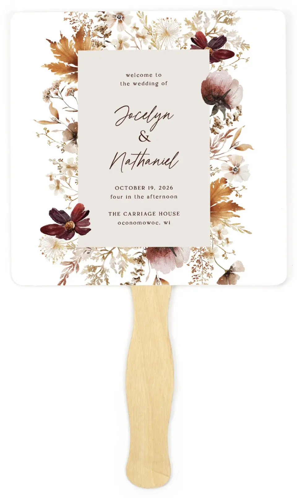 This is a 6¼" x 6¼" Wedding Program Fan called Autumn Wildflowers printed in full color on Premium Smooth paper