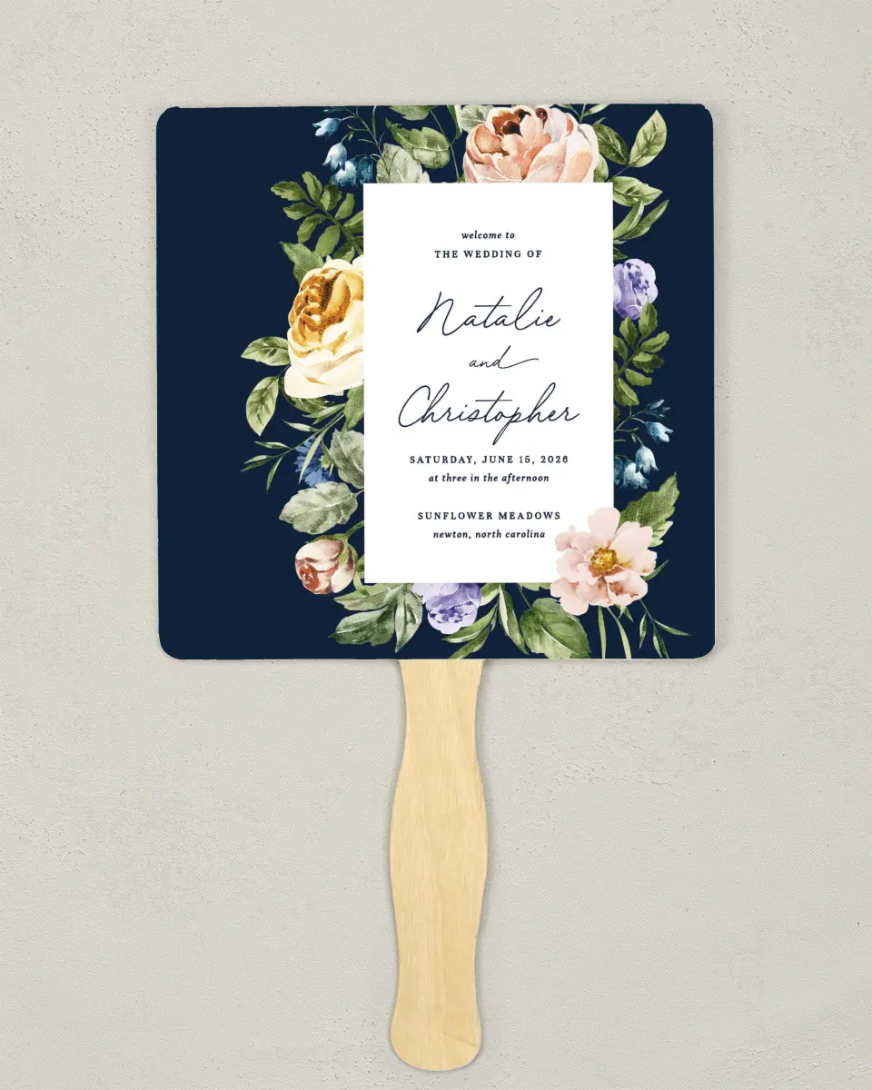 This is a 6¼" x 6¼" Wedding Program Fan called The Natalie printed in full color on Premium Smooth paper
