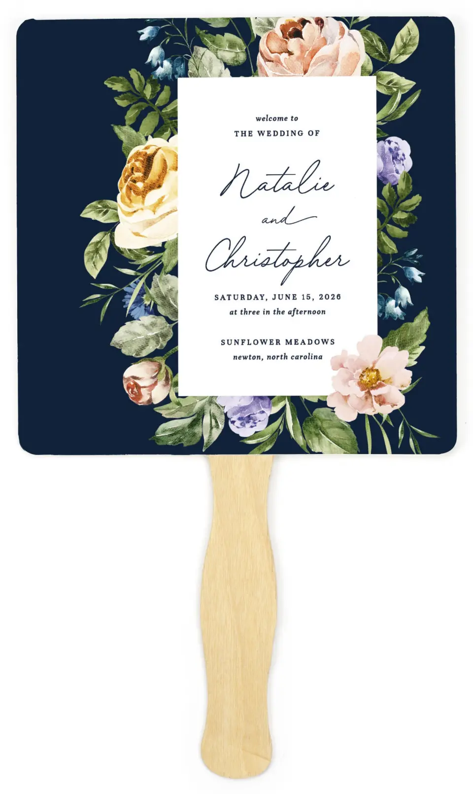 This is a 6¼" x 6¼" Wedding Program Fan called The Natalie printed in full color on Premium Smooth paper