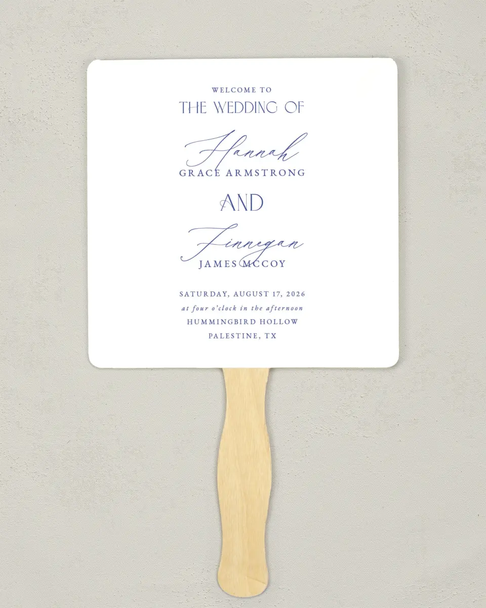 This is a 6¼" x 6¼" Wedding Program Fan called Modern Chinoiserie printed in full color with Gold foil on Luxe Satin (coated) paper