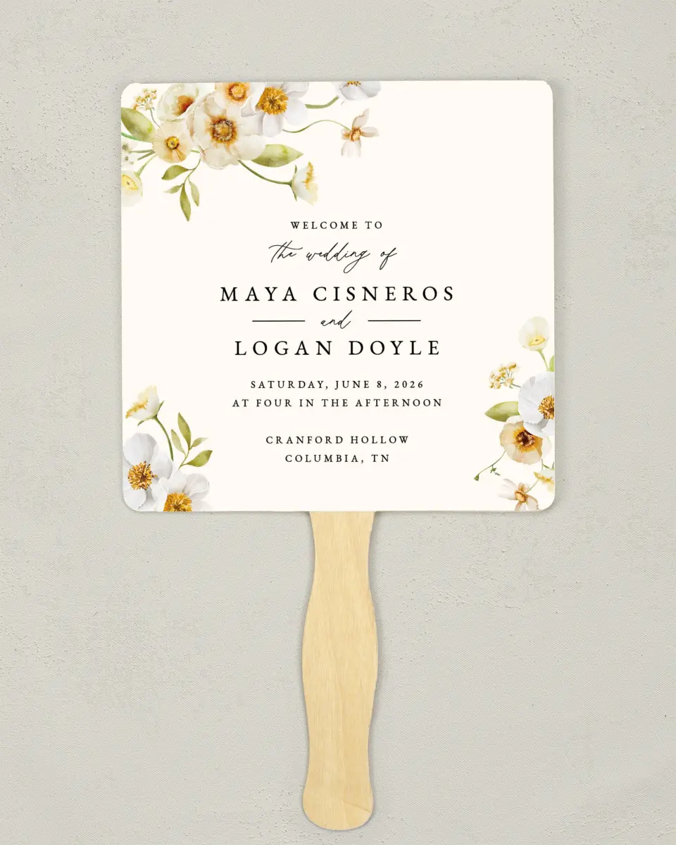 This is a 6¼" x 6¼" Wedding Program Fan called Charming Cosmos printed in full color with Gold foil on Luxe Satin (coated) paper