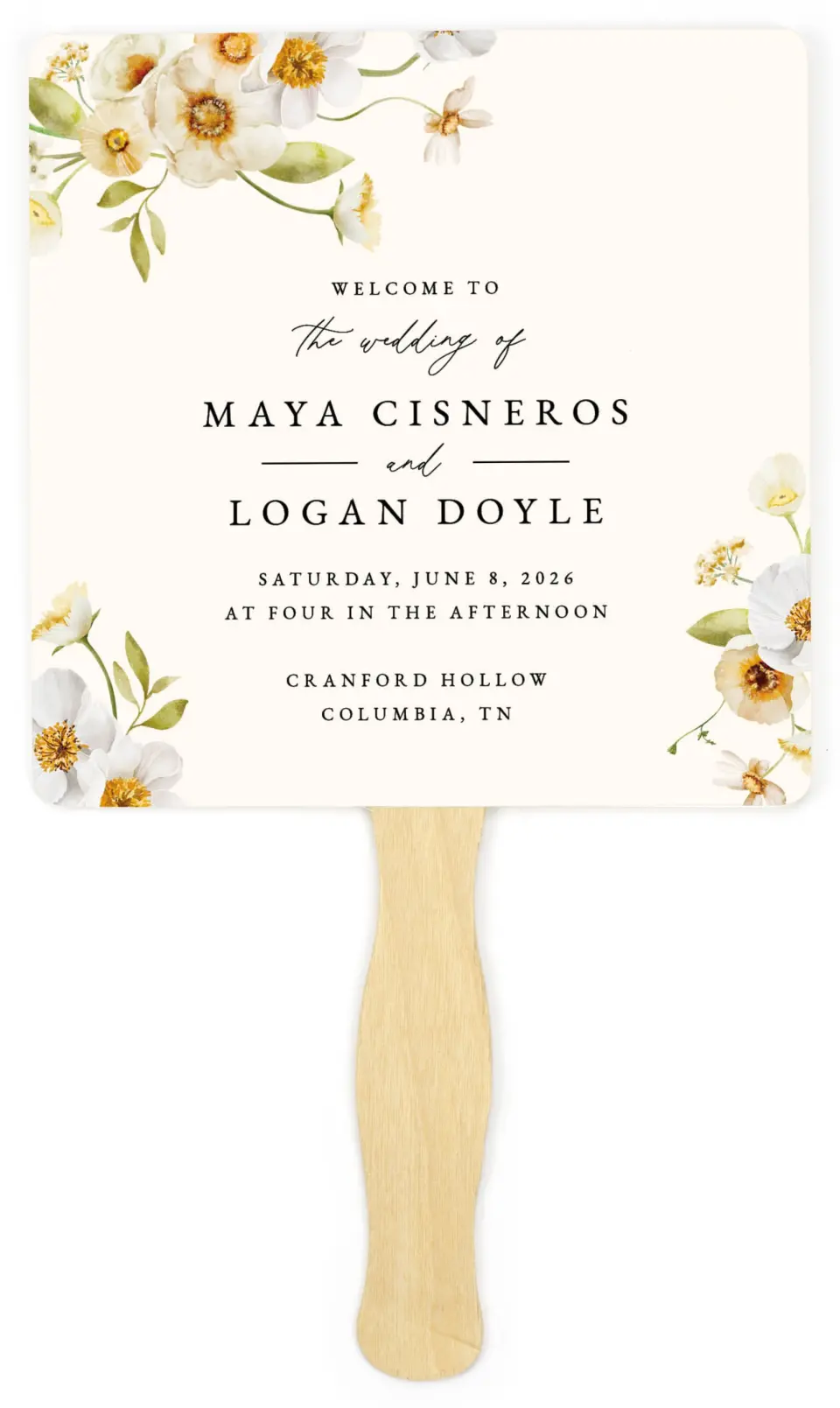 This is a 6¼" x 6¼" Wedding Program Fan called Charming Cosmos printed in full color with Rose Gold foil on Luxe Satin (coated) paper