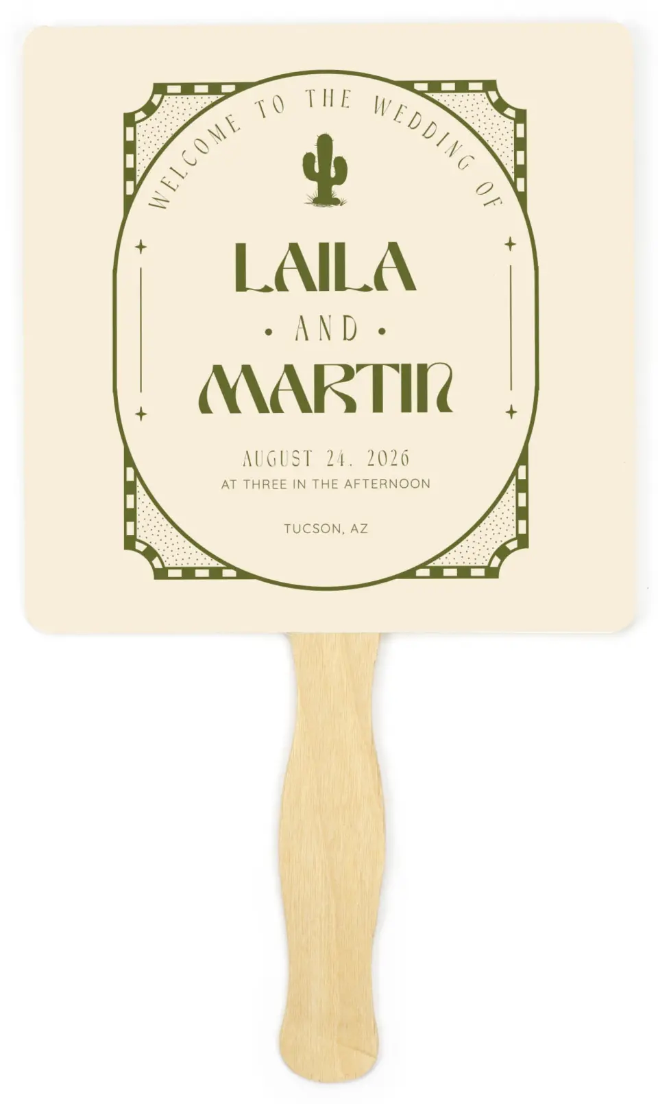 This is a 6¼" x 6¼" Wedding Program Fan called Desert Funk printed in full color with Gold foil on Luxe Satin (coated) paper