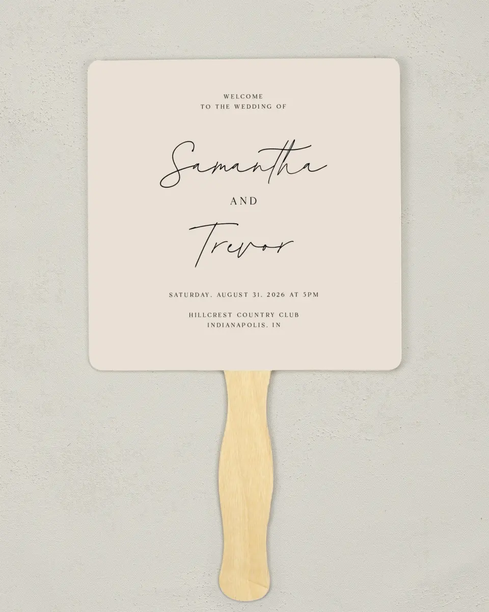 This is a 6¼" x 6¼" Wedding Program Fan called The Samantha printed in full color with Rose Gold foil on Luxe Satin (coated) paper