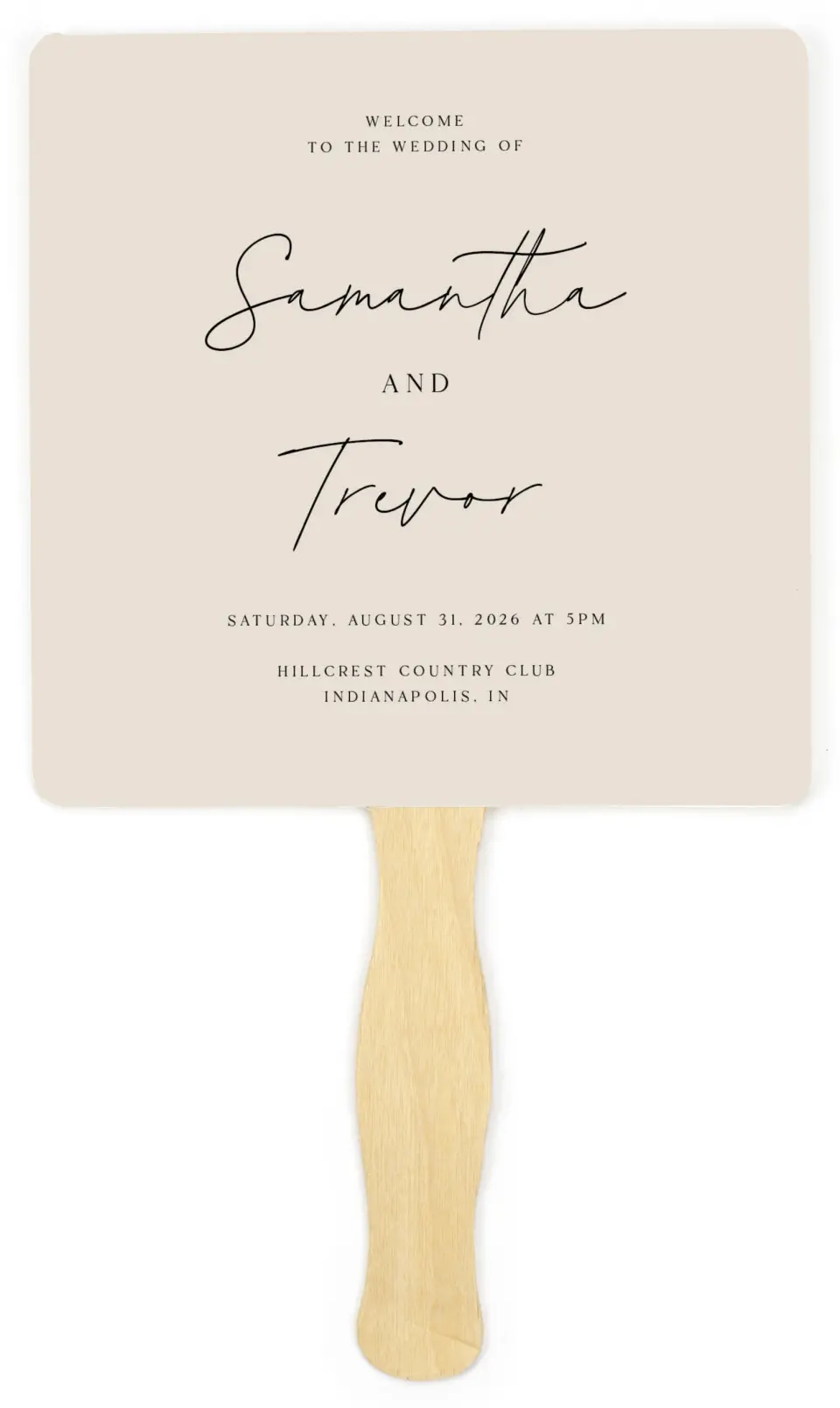 This is a 6¼" x 6¼" Wedding Program Fan called The Samantha printed in full color on Premium Smooth paper