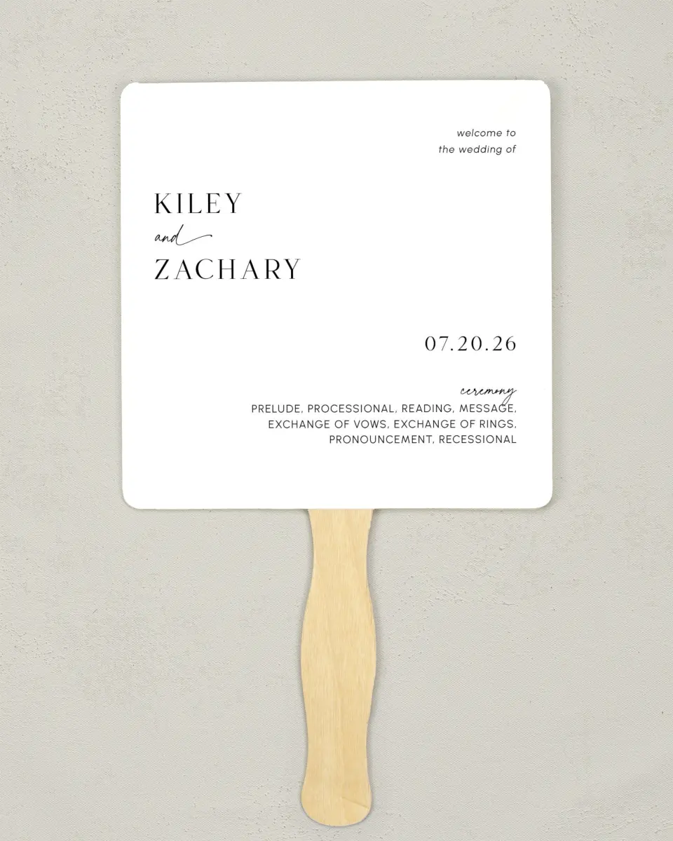 This is a 6¼" x 6¼" Wedding Program Fan called Picturesque printed in full color on Premium Smooth paper