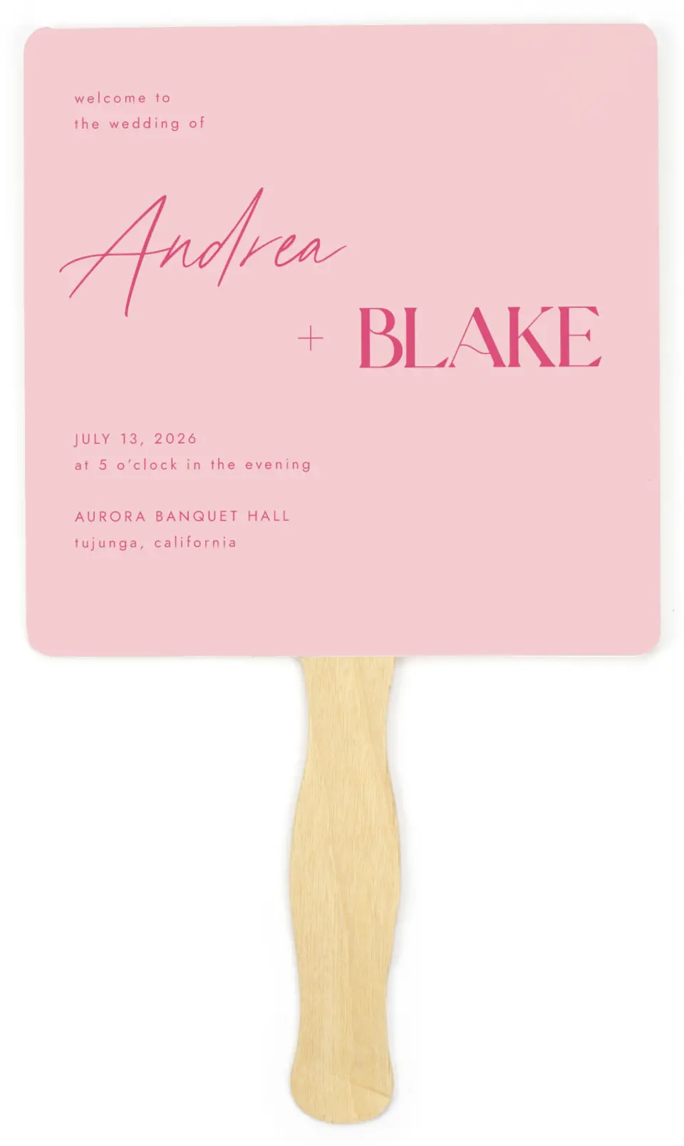 This is a 6¼" x 6¼" Wedding Program Fan called The Andrea printed in full color on Premium Smooth paper
