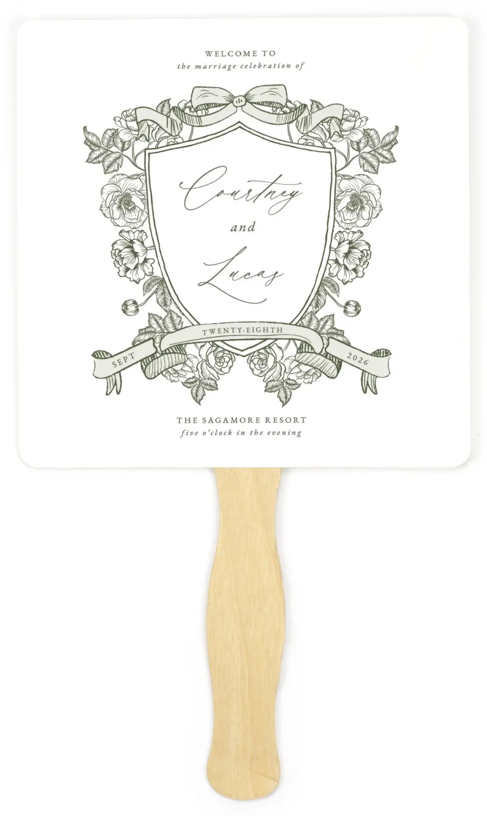 This is a 6¼" x 6¼" Wedding Program Fan called Elegant Crest printed in full color on Premium Smooth paper