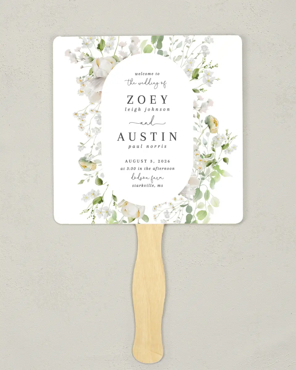 This is a 6¼" x 6¼" Wedding Program Fan called The Zoey printed in full color with Rose Gold foil on Luxe Satin (coated) paper