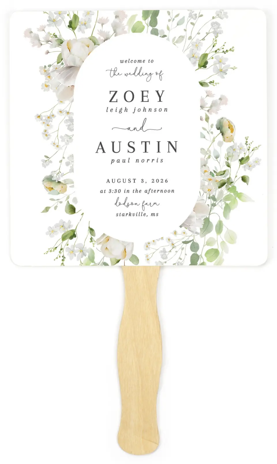 This is a 6¼" x 6¼" Wedding Program Fan called The Zoey printed in full color on Premium Smooth paper