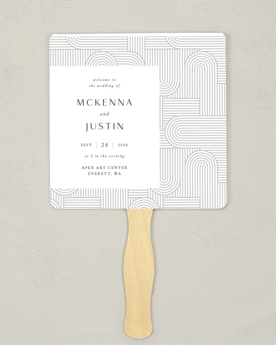 This is a 6¼" x 6¼" Wedding Program Fan called Geometric Elegance printed in full color with Silver foil on Luxe Satin (coated) paper