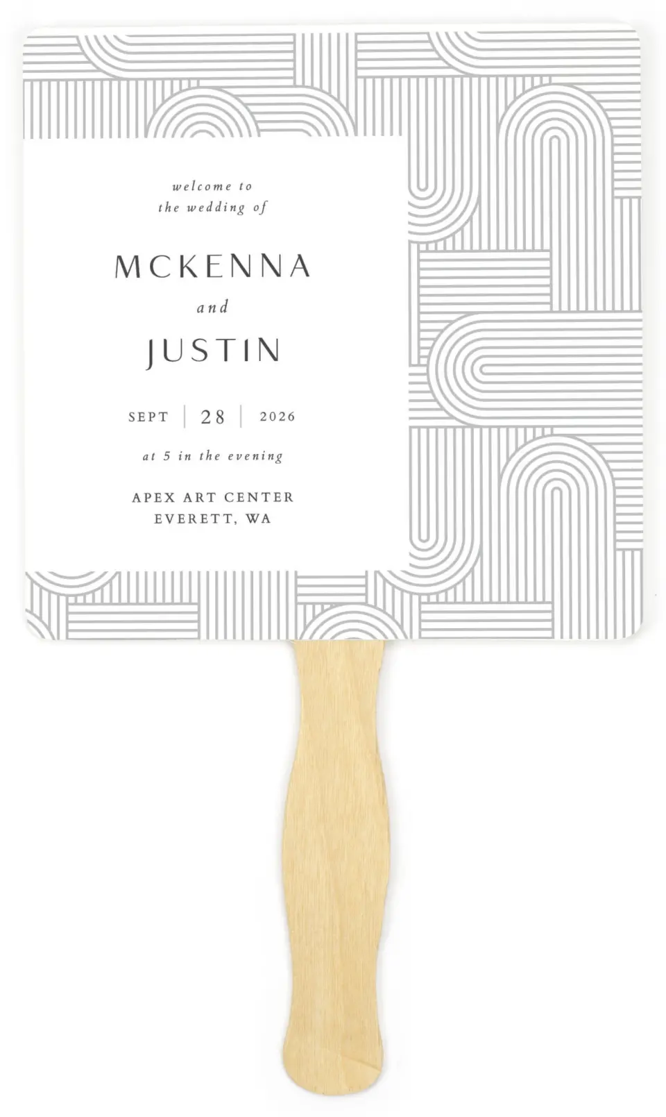 This is a 6¼" x 6¼" Wedding Program Fan called Geometric Elegance printed in full color on Premium Smooth paper
