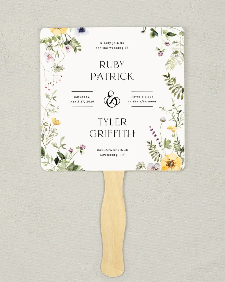 This is a 6¼" x 6¼" Wedding Program Fan called The Ruby printed in full color on Premium Smooth paper