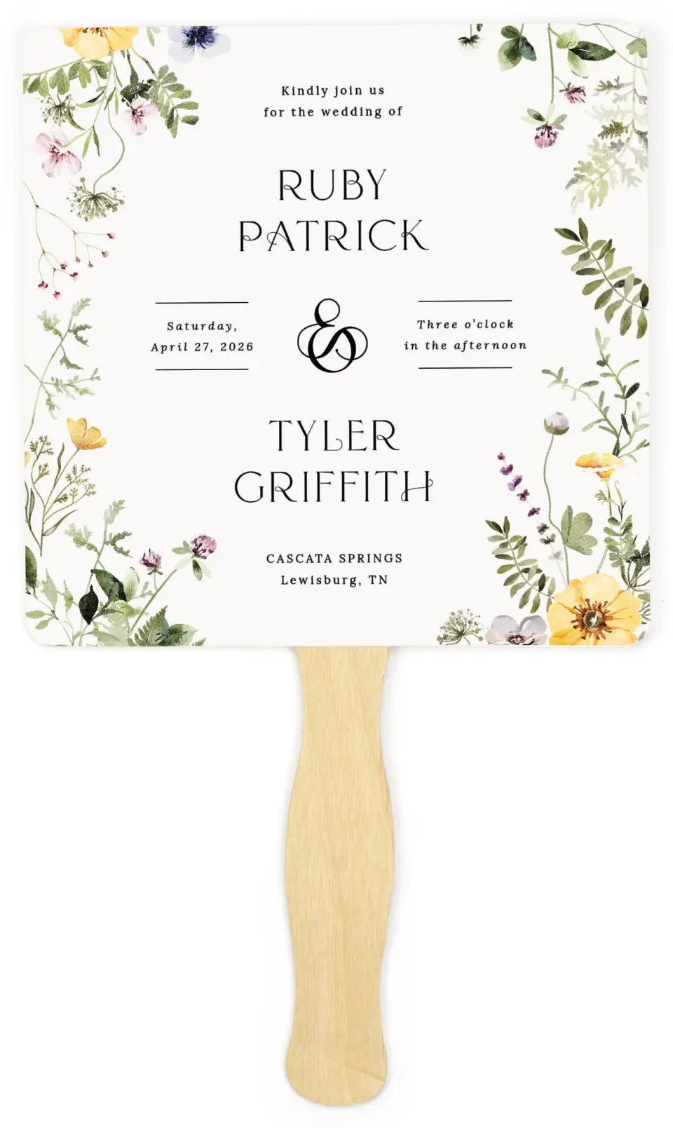 This is a 6¼" x 6¼" Wedding Program Fan called The Ruby printed in full color on Premium Smooth paper