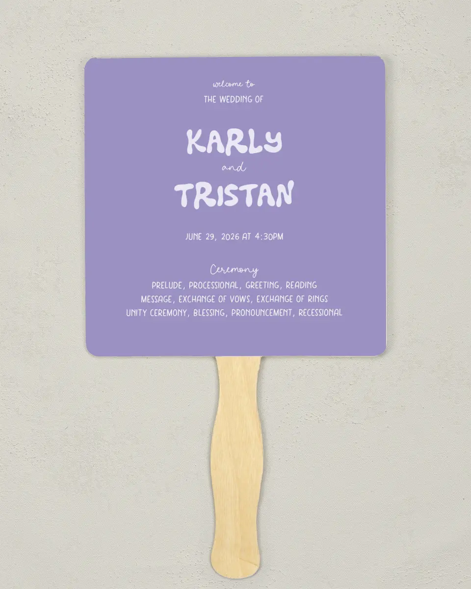 This is a 6¼" x 6¼" Wedding Program Fan called The Karly printed in full color with Rose Gold foil on Luxe Satin (coated) paper