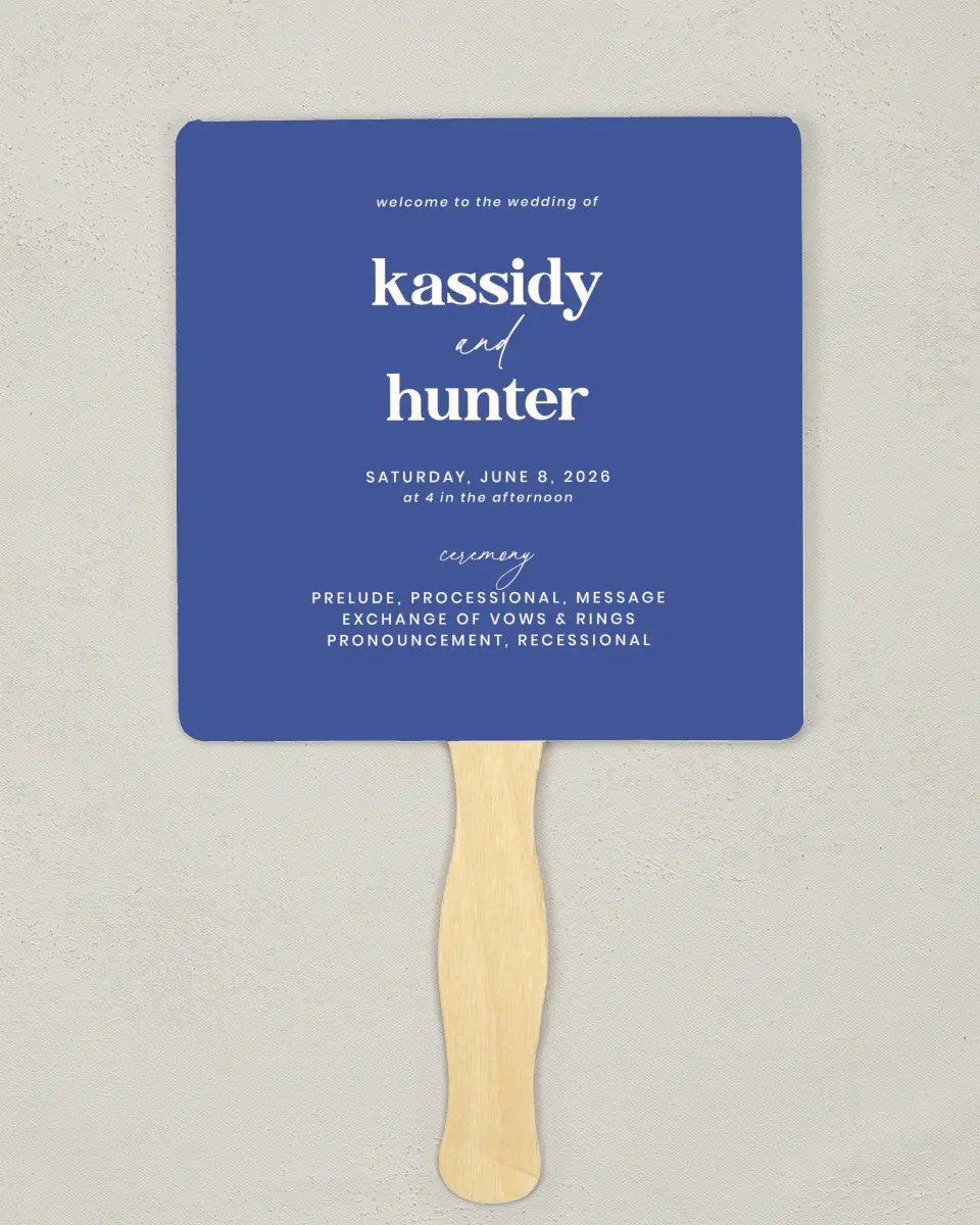 This is a 6¼" x 6¼" Wedding Program Fan called The Kassidy printed in full color with Silver foil on Luxe Satin (coated) paper