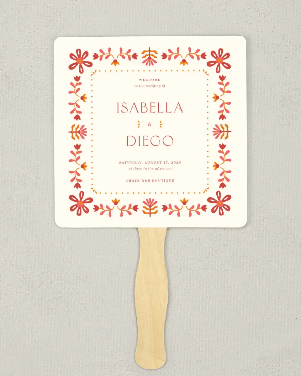 This is a 6¼" x 6¼" Wedding Program Fan called Folk Fiesta printed in full color with Silver foil on Luxe Satin (coated) paper
