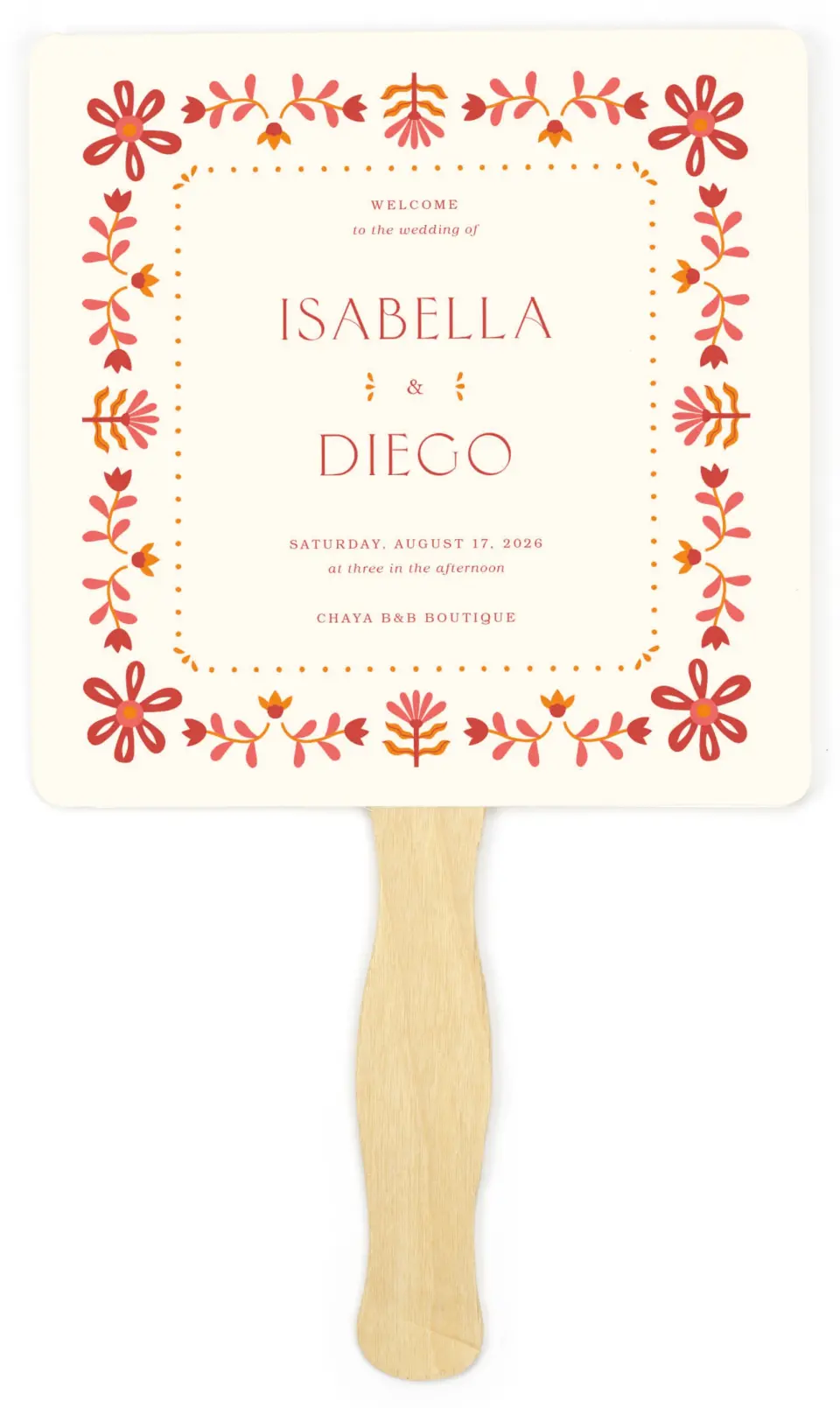 This is a 6¼" x 6¼" Wedding Program Fan called Folk Fiesta printed in full color on Premium Smooth paper