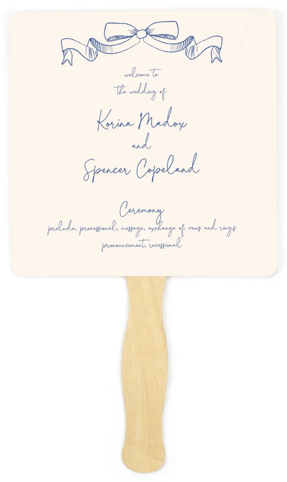 This is a 6¼" x 6¼" Wedding Program Fan called Sketched Bow printed in full color on Premium Smooth paper
