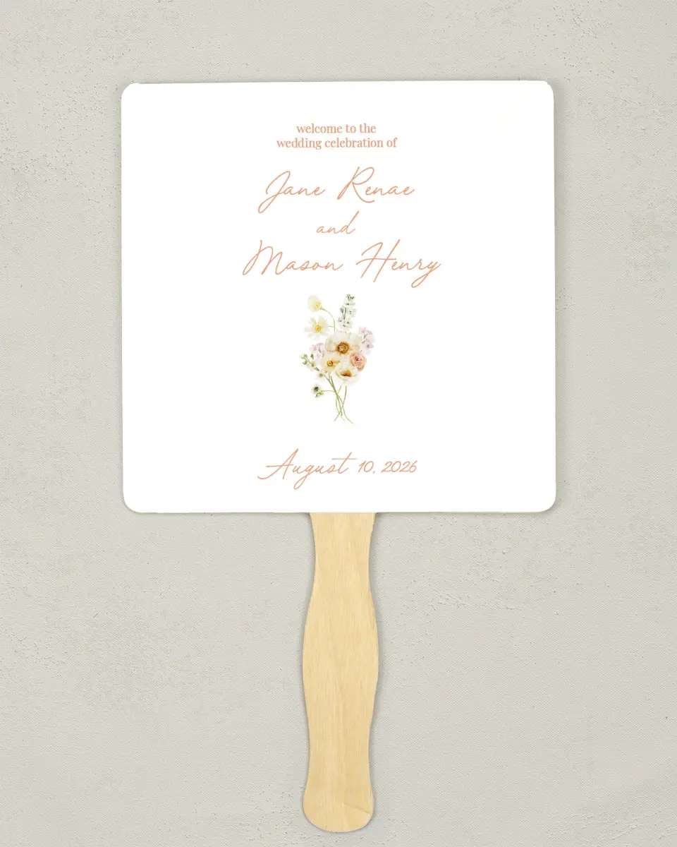 This is a 6¼" x 6¼" Wedding Program Fan called Warm Wildflowers printed in full color with Rose Gold foil on Luxe Satin (coated) paper