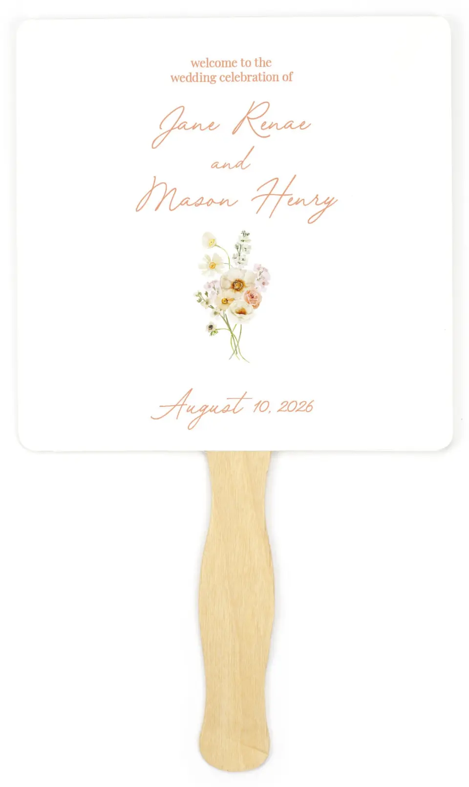 This is a 6¼" x 6¼" Wedding Program Fan called Warm Wildflowers printed in full color on Premium Smooth paper