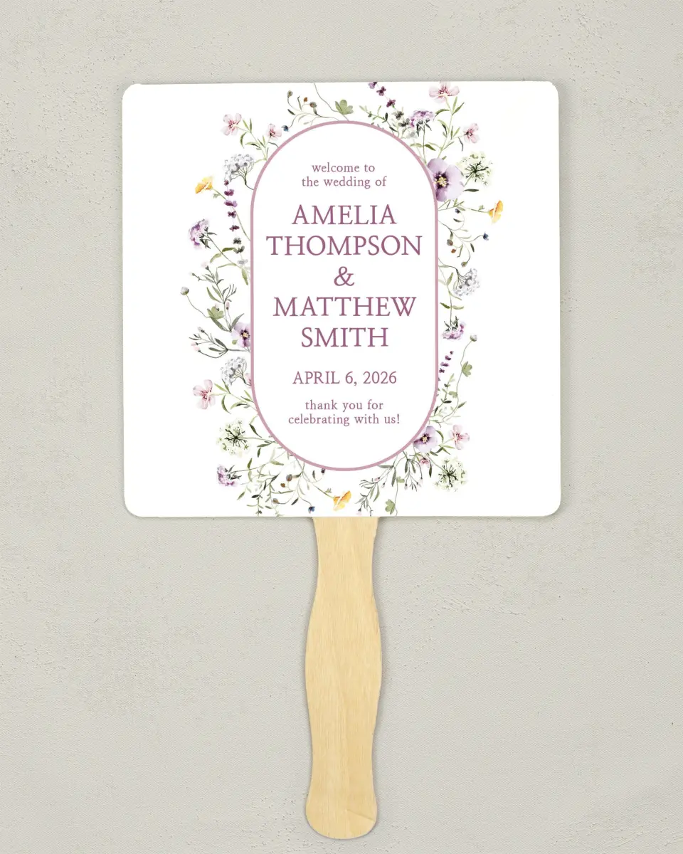 This is a 6¼" x 6¼" Wedding Program Fan called Whimsy Fairytale printed in full color with Rose Gold foil on Luxe Satin (coated) paper