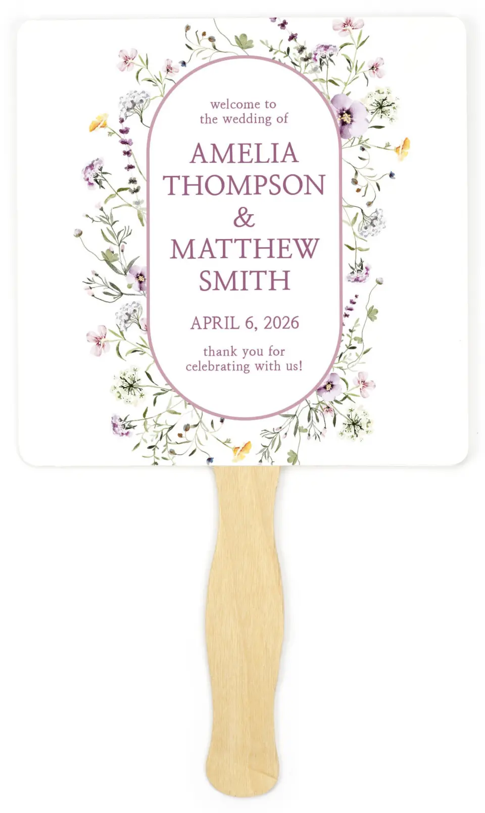 This is a 6¼" x 6¼" Wedding Program Fan called Whimsy Fairytale printed in full color on Premium Smooth paper