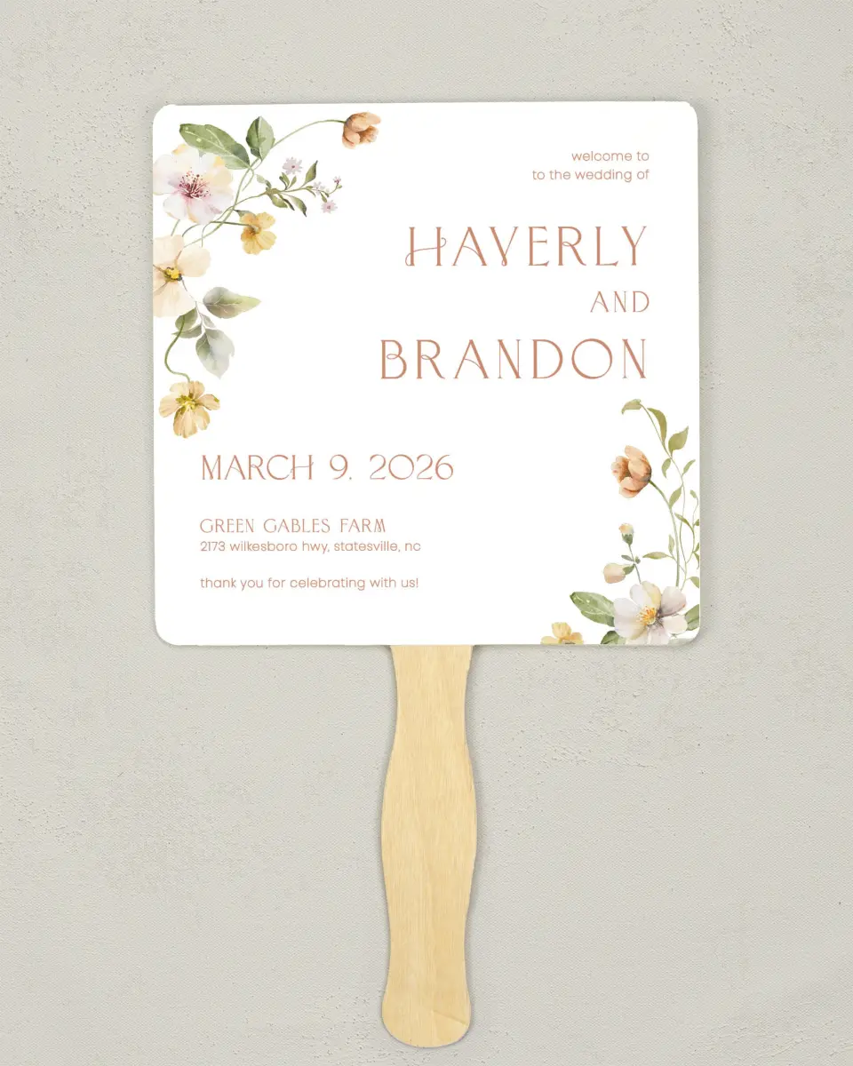 This is a 6¼" x 6¼" Wedding Program Fan called Delicate Garden printed in full color with Rose Gold foil on Luxe Satin (coated) paper