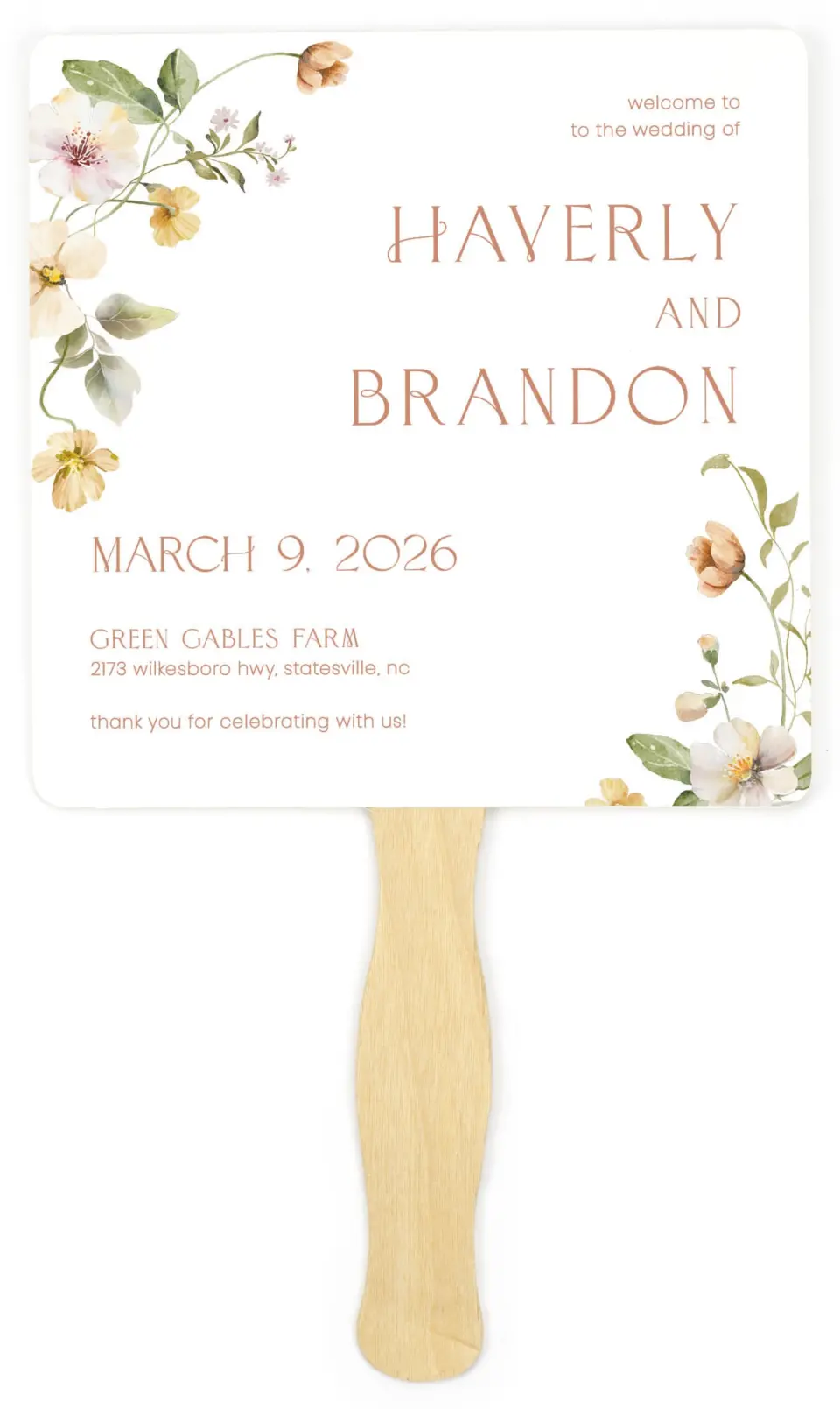This is a 6¼" x 6¼" Wedding Program Fan called Delicate Garden printed in full color on Premium Smooth paper