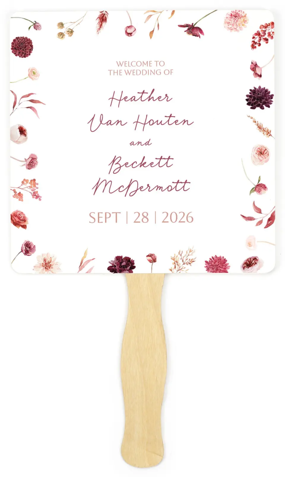 This is a 6¼" x 6¼" Wedding Program Fan called Mauvelous printed in full color on Premium Smooth paper