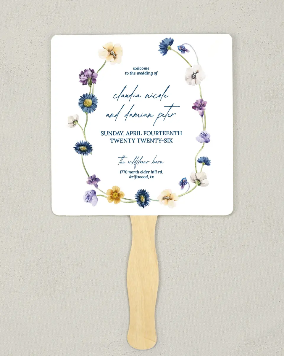 This is a 6¼" x 6¼" Wedding Program Fan called Wildest Dream printed in full color on Premium Smooth paper