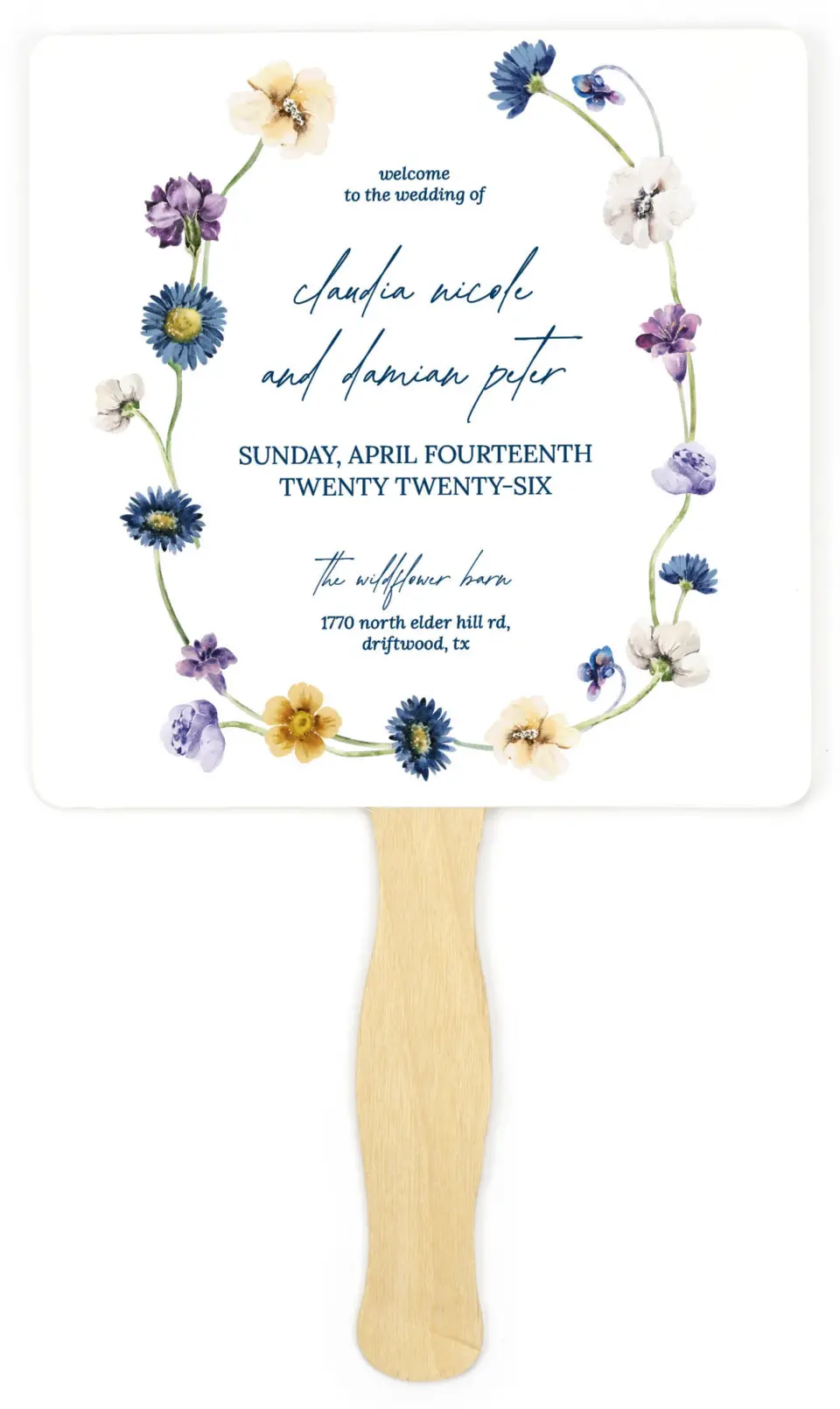 This is a 6¼" x 6¼" Wedding Program Fan called Wildest Dream printed in full color on Premium Smooth paper