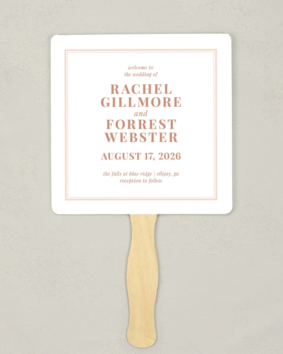 This is a 6¼" x 6¼" Wedding Program Fan called Gorgeous Blush printed in full color with Gold foil on Luxe Satin (coated) paper
