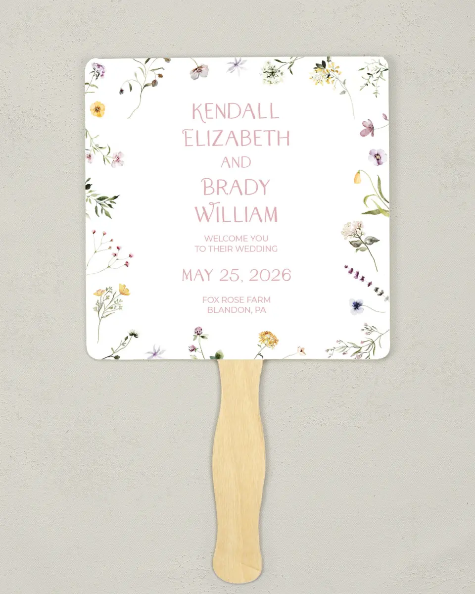 This is a 6¼" x 6¼" Wedding Program Fan called Efflorescence printed in full color on Premium Smooth paper