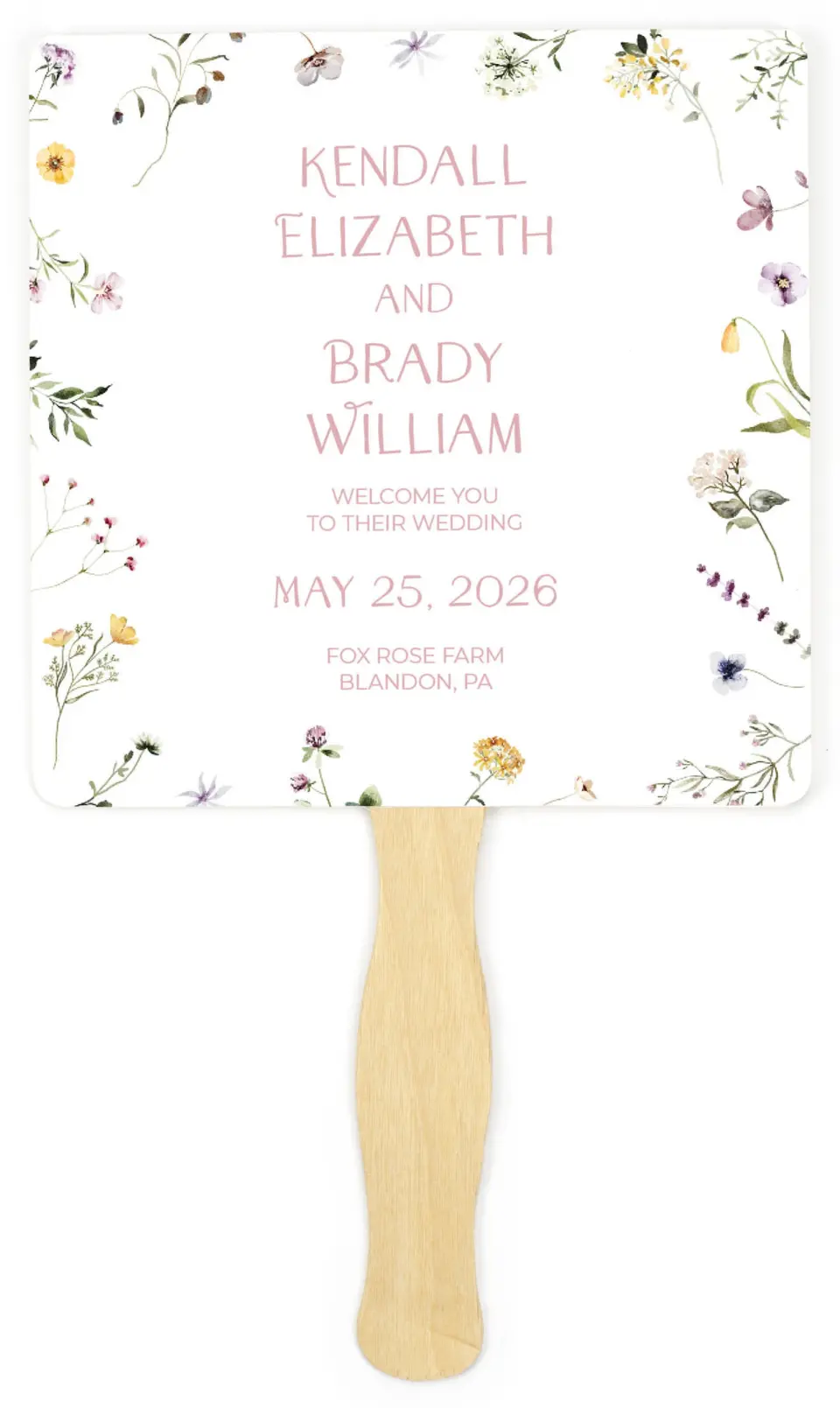 This is a 6¼" x 6¼" Wedding Program Fan called Efflorescence printed in full color on Premium Smooth paper