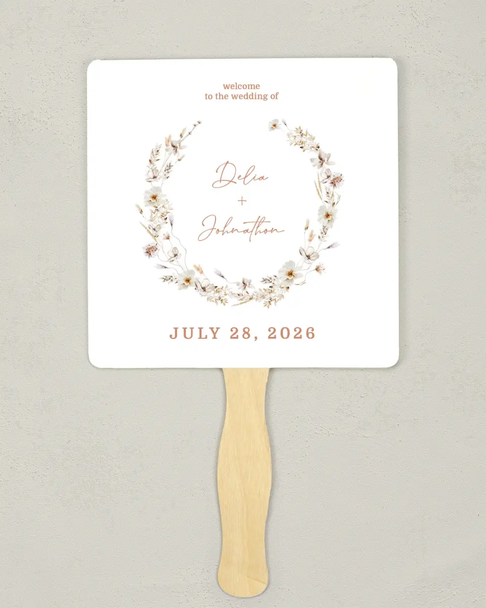 This is a 6¼" x 6¼" Wedding Program Fan called Petal Perfect printed in full color with Gold foil on Luxe Satin (coated) paper