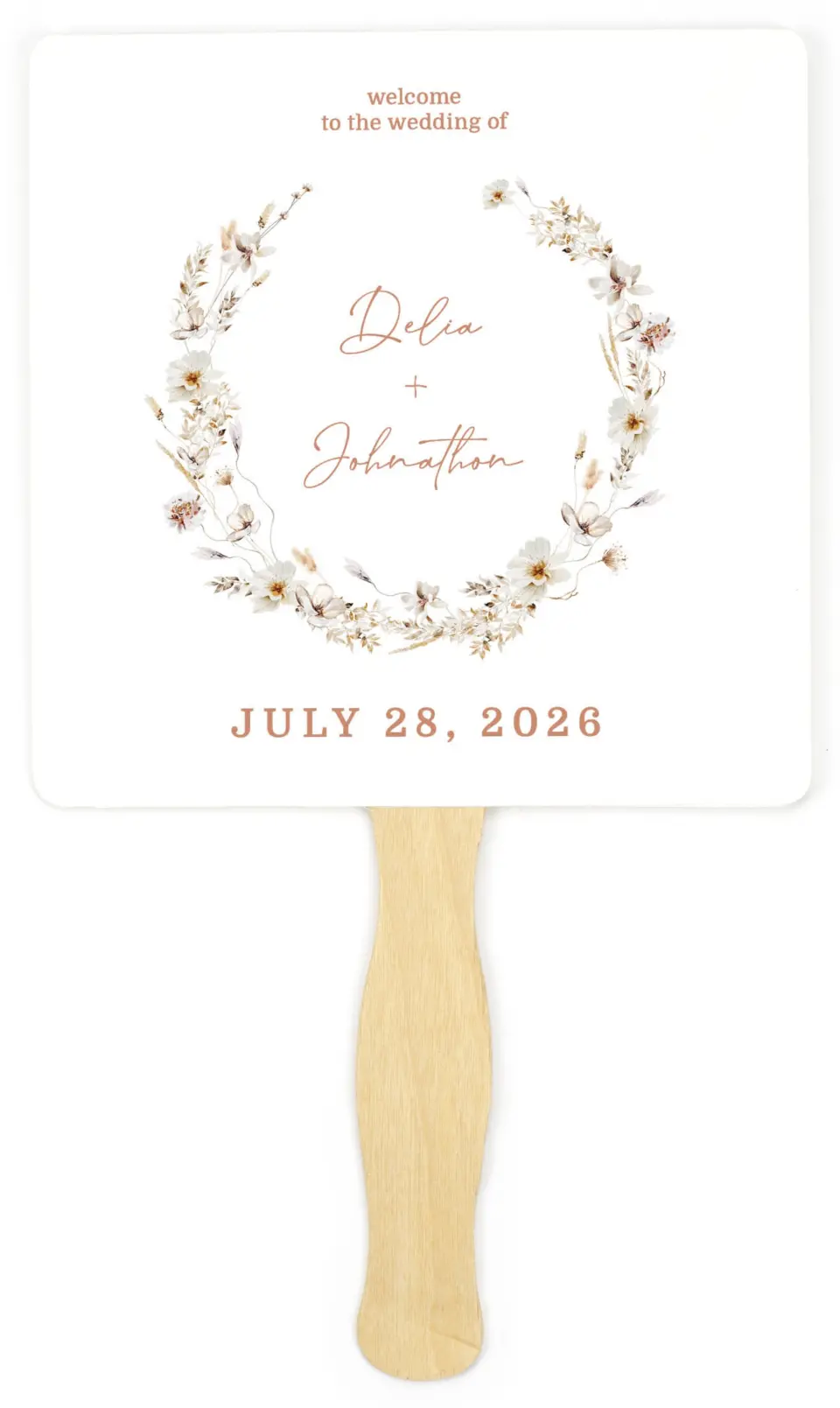 This is a 6¼" x 6¼" Wedding Program Fan called Petal Perfect printed in full color with Gold foil on Luxe Satin (coated) paper