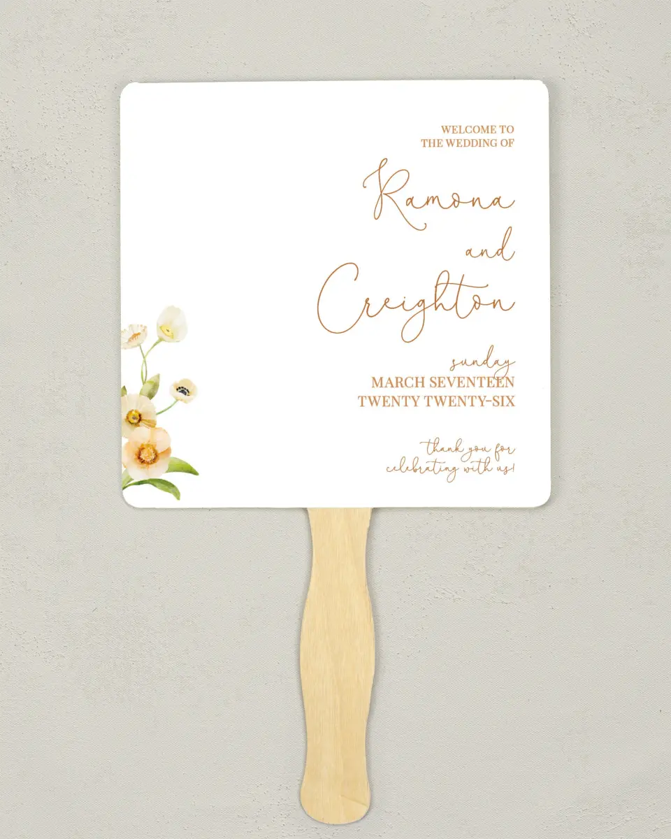 This is a 6¼" x 6¼" Wedding Program Fan called Sultry Sunshine printed in full color on Premium Smooth paper