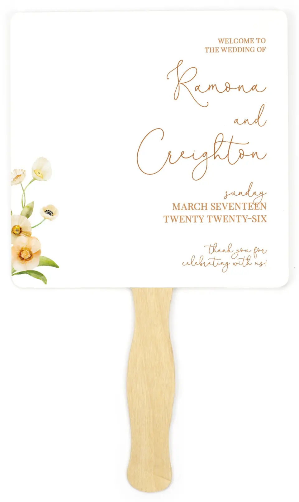 This is a 6¼" x 6¼" Wedding Program Fan called Sultry Sunshine printed in full color on Premium Smooth paper