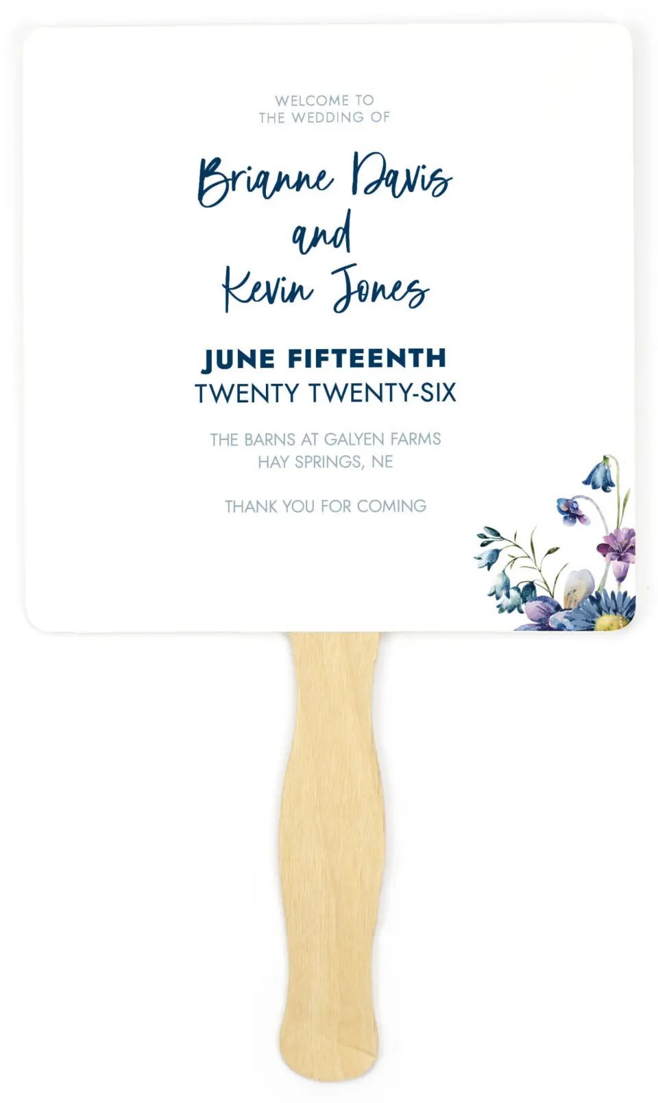 This is a 6¼" x 6¼" Wedding Program Fan called Abundant Blue printed in full color on Premium Smooth paper