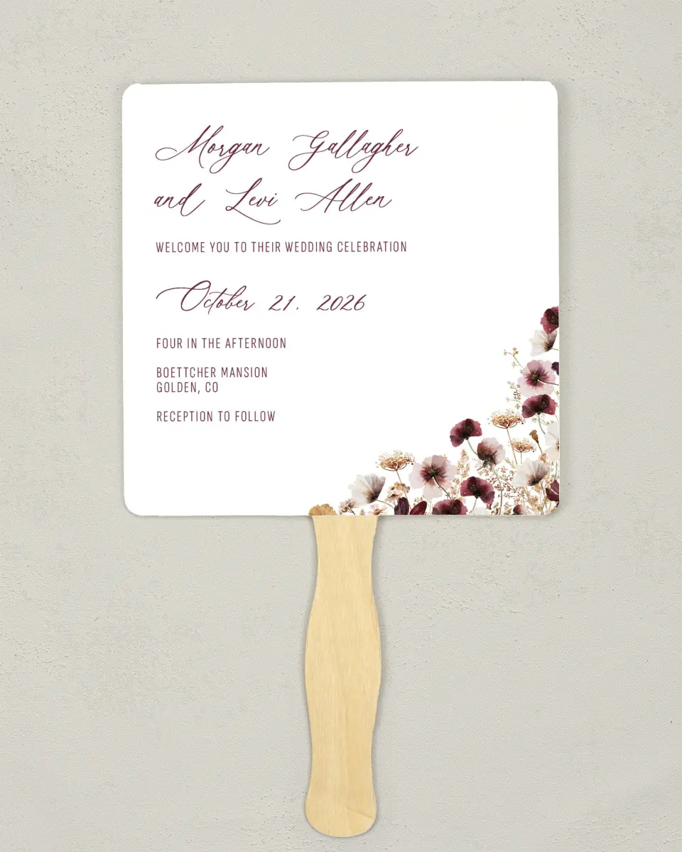 This is a 6¼" x 6¼" Wedding Program Fan called Harvest Meadows printed in full color with Rose Gold foil on Luxe Satin (coated) paper