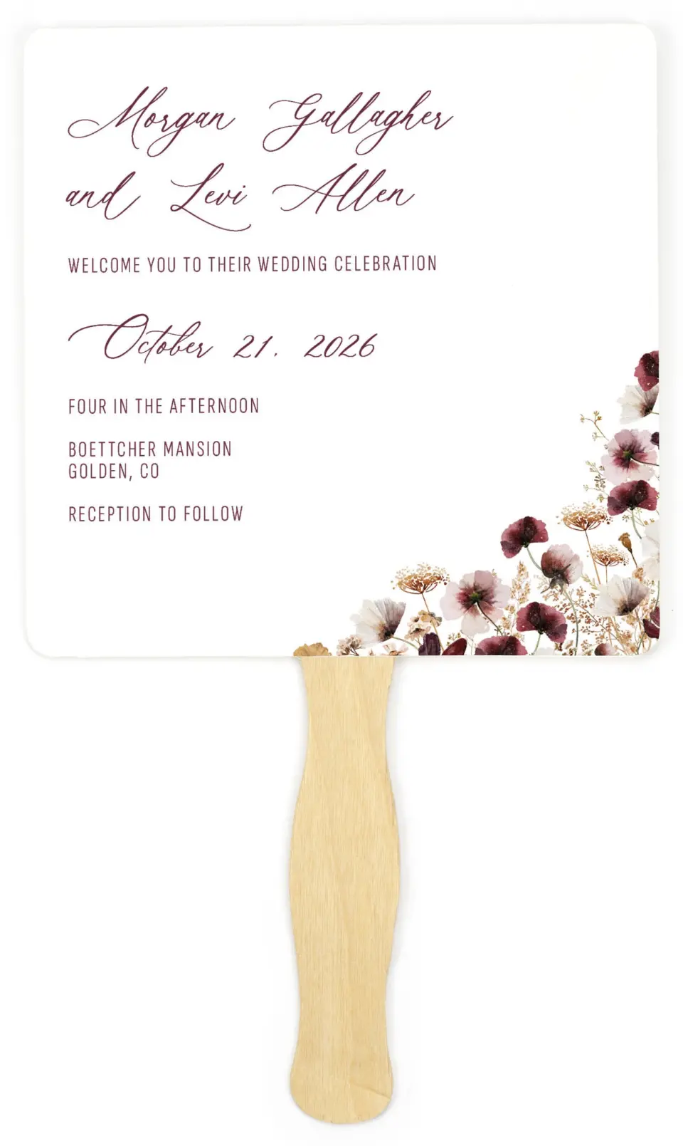 This is a 6¼" x 6¼" Wedding Program Fan called Harvest Meadows printed in full color on Premium Smooth paper