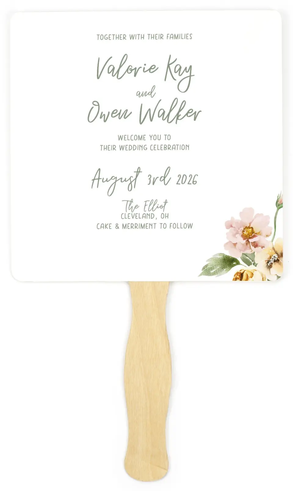 This is a 6¼" x 6¼" Wedding Program Fan called Hopeful Floral printed in full color on Premium Smooth paper