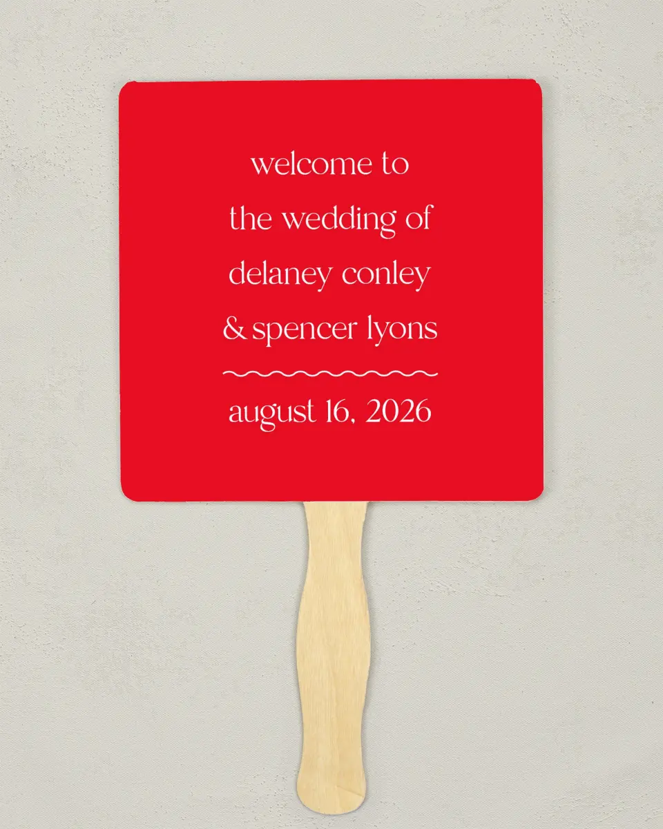 This is a 6¼" x 6¼" Wedding Program Fan called The Delaney printed in full color on Premium Smooth paper